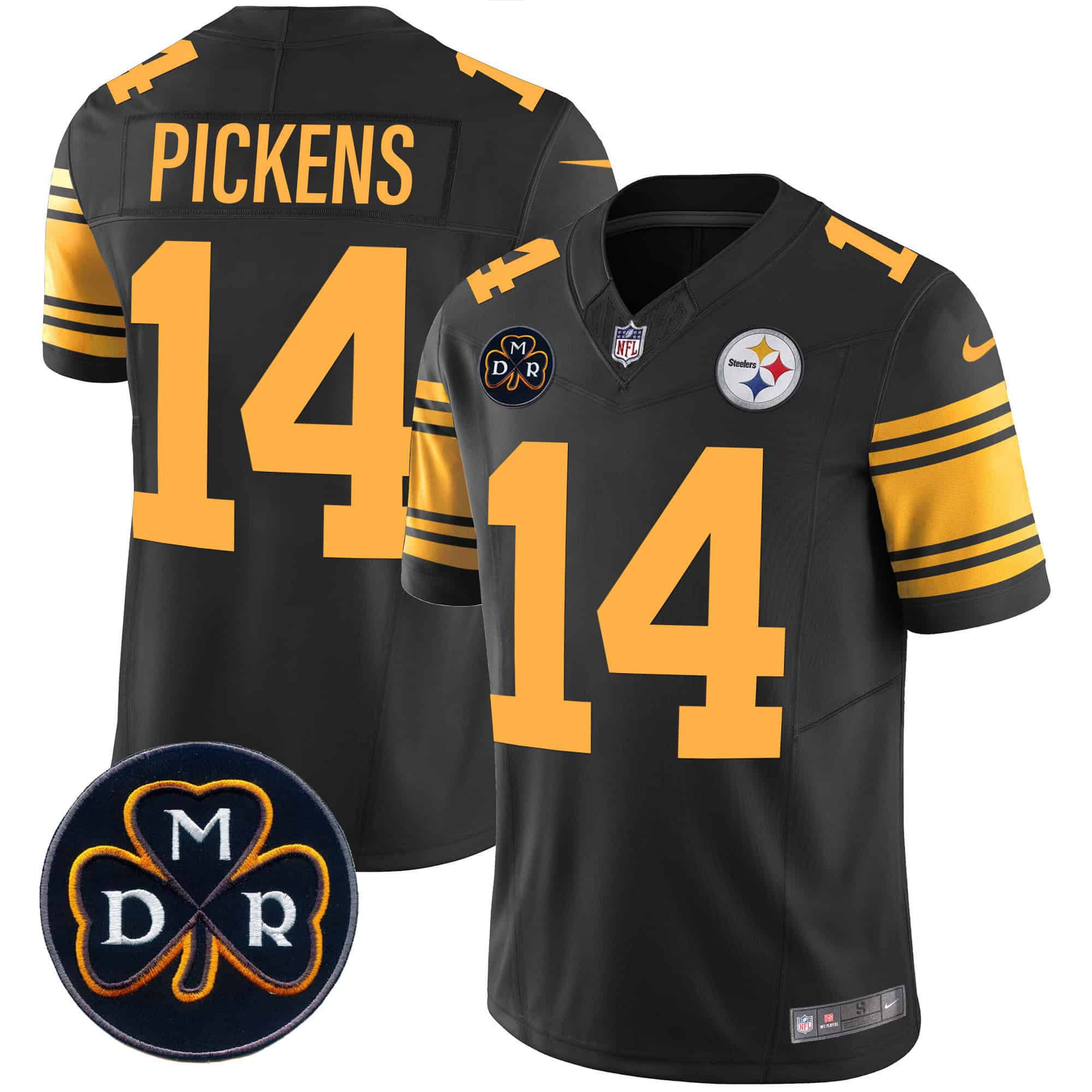 Men Pittsburgh Steelers 14 Pickens Black 2024 Nike DMR Patch Vapor Limited NFL Jersey style 2